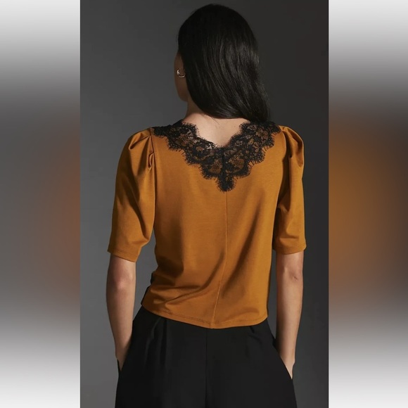 By Anthropologie Women Size S Mustard Lace Trim Top Blouse V-Neck Short Sleeve - Picture 2 of 11